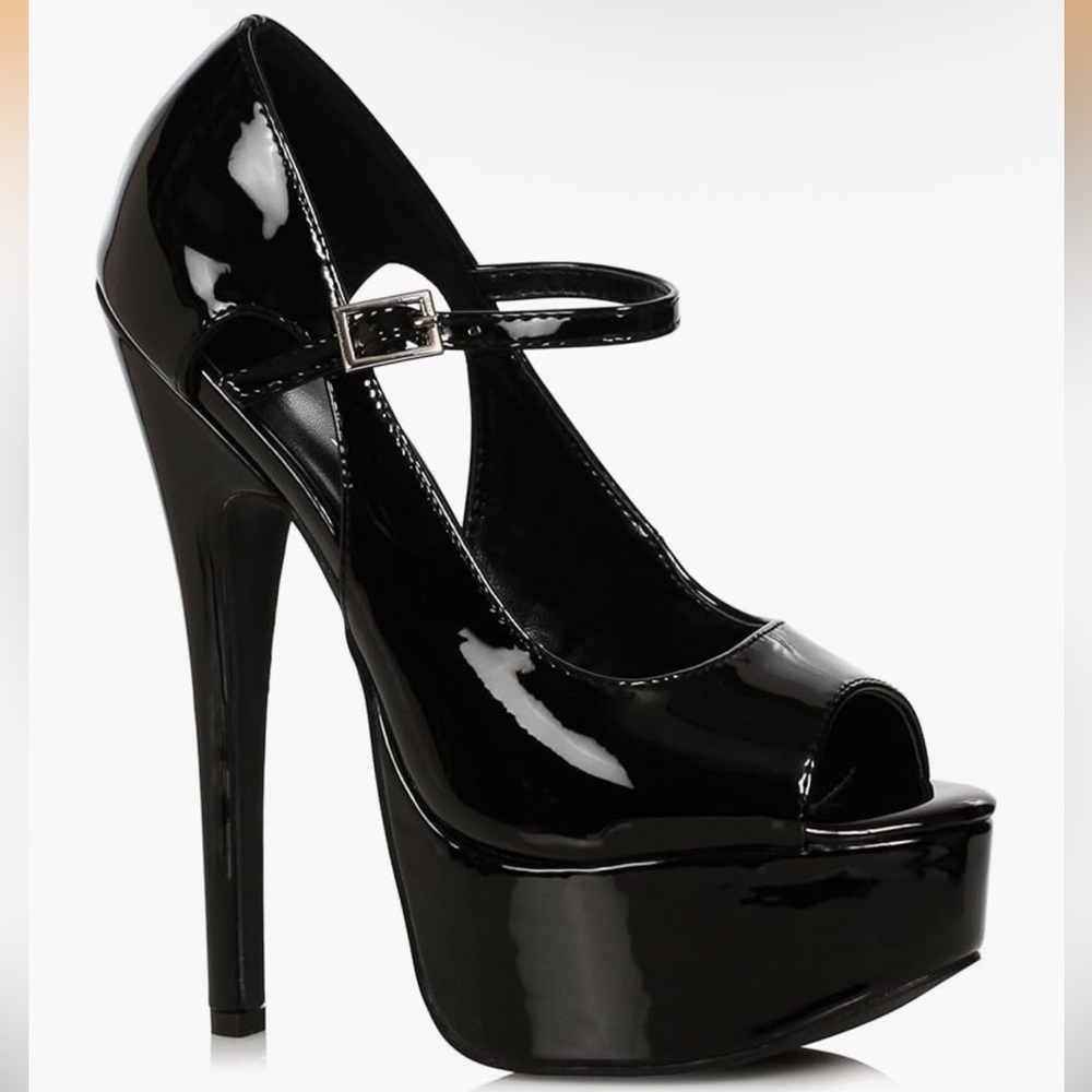 Ellie Shoes Glossy Black Peep-Toe Heels